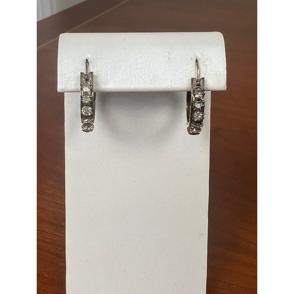 Vintage Hollywood Regency Deco Rhinestone Small Hoop Earrings Silver Tone Clear